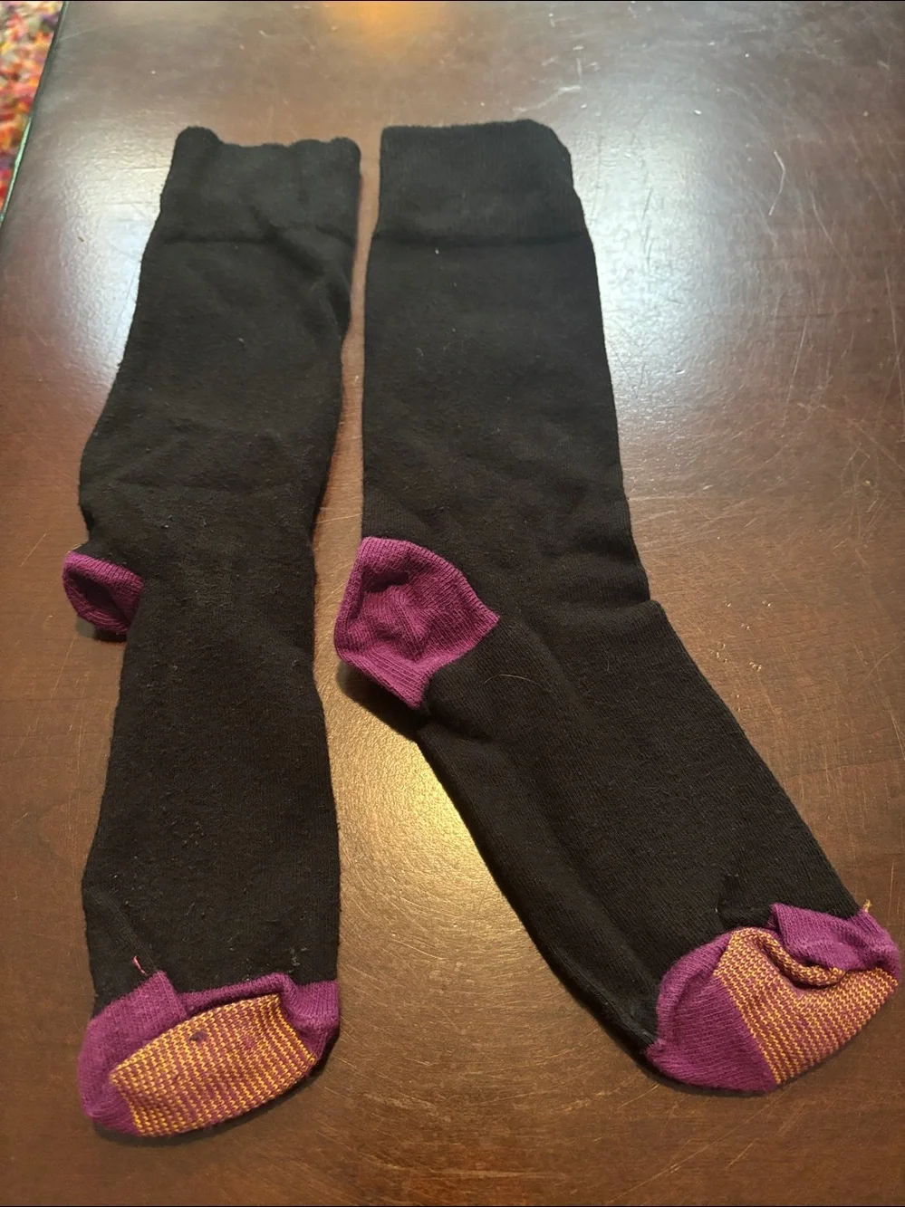 3 Pair Gold Toe Thin Dress Crew Socks Black w Gold, Purple & Purple Stripes NWOT